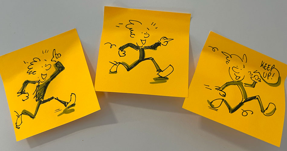 cartoon illustration on three post-its of running people
