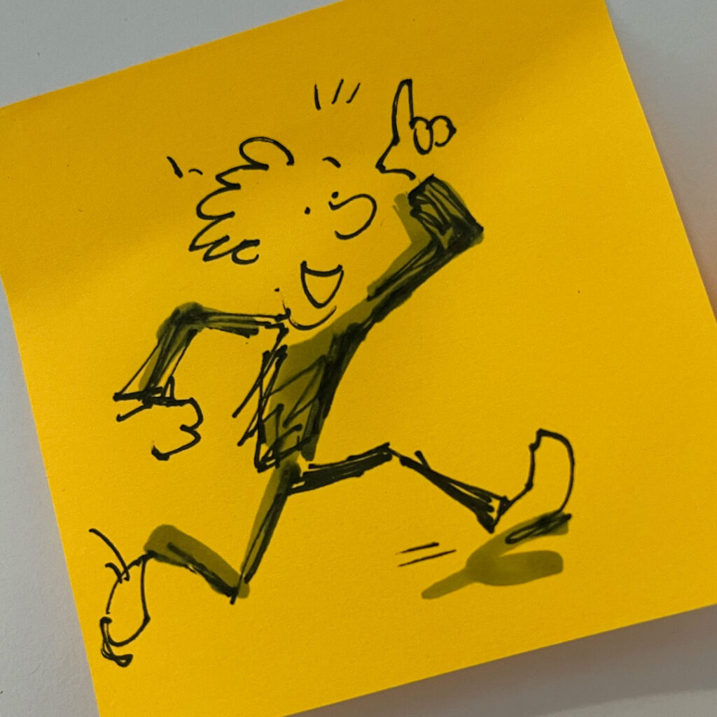 cartoon illustration on post-it of running person