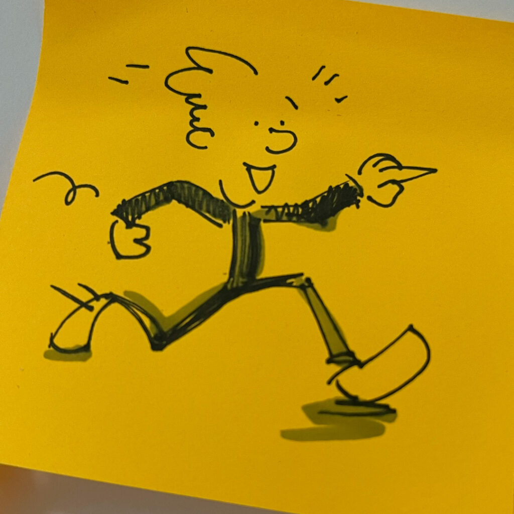 cartoon illustration on post-it of running person pointing
