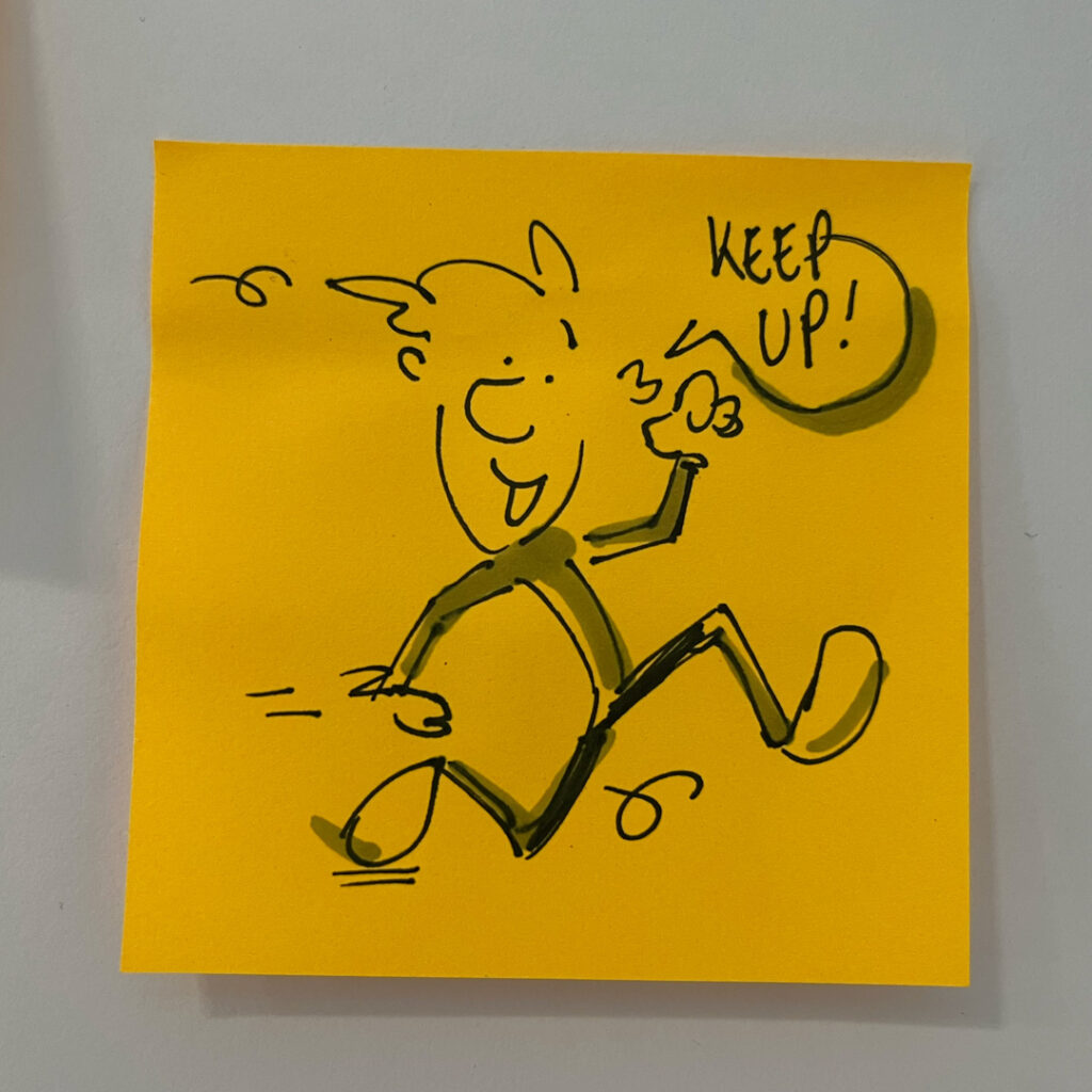 cartoon illustration on post-it of running person